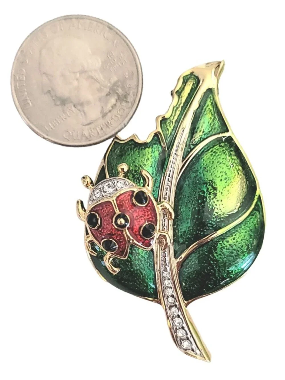 Vintage Gold Tone Green Red Enamel Rhinestone 